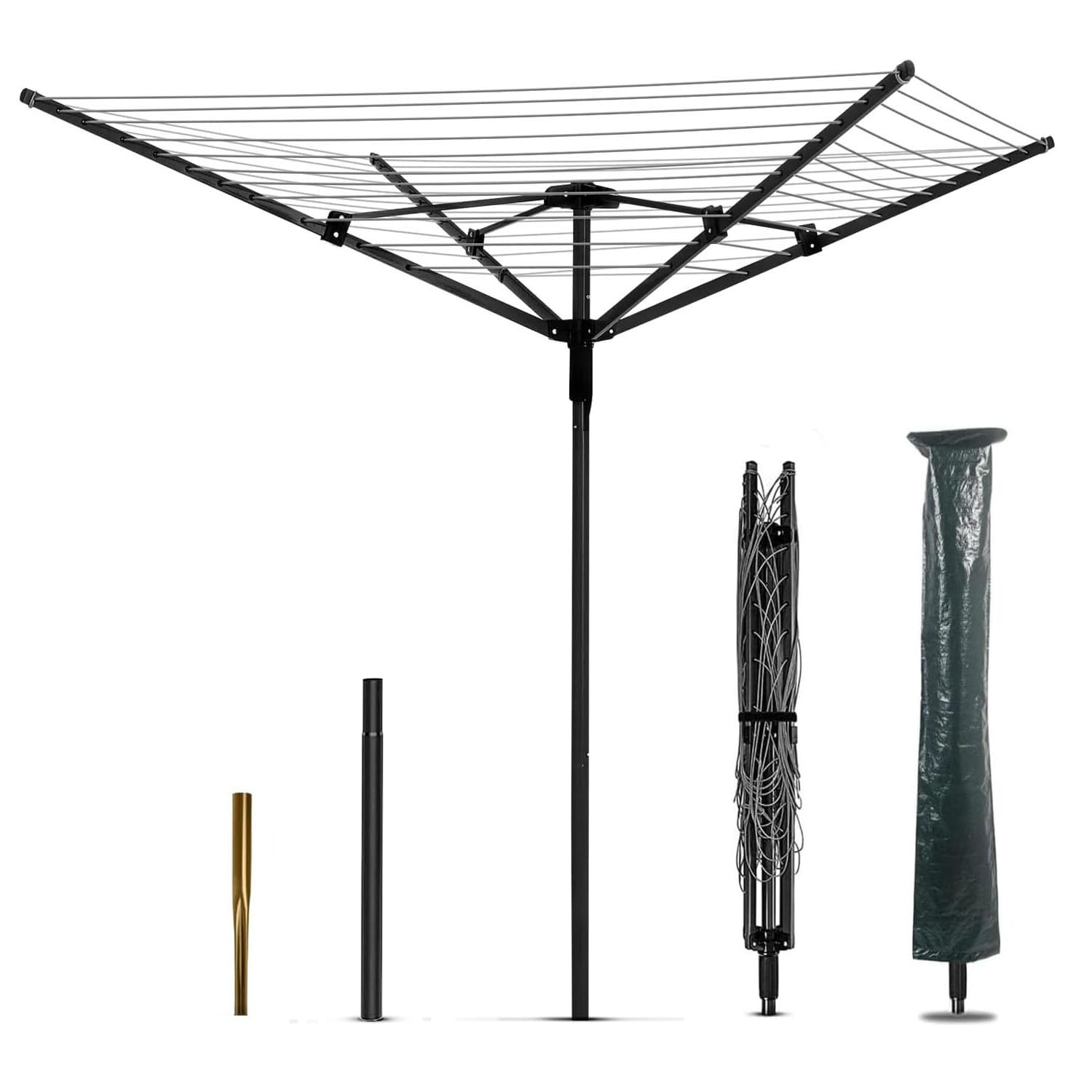 Nisorpa Rotary Outdoor Umbrella Drying Rack Adjustable Height Clothesline w/Waterproof Protective Cover Folding Rotary Dryer with 4-Aluminum Arms and Steel Post 12-Lines with 165 ft Clothesline