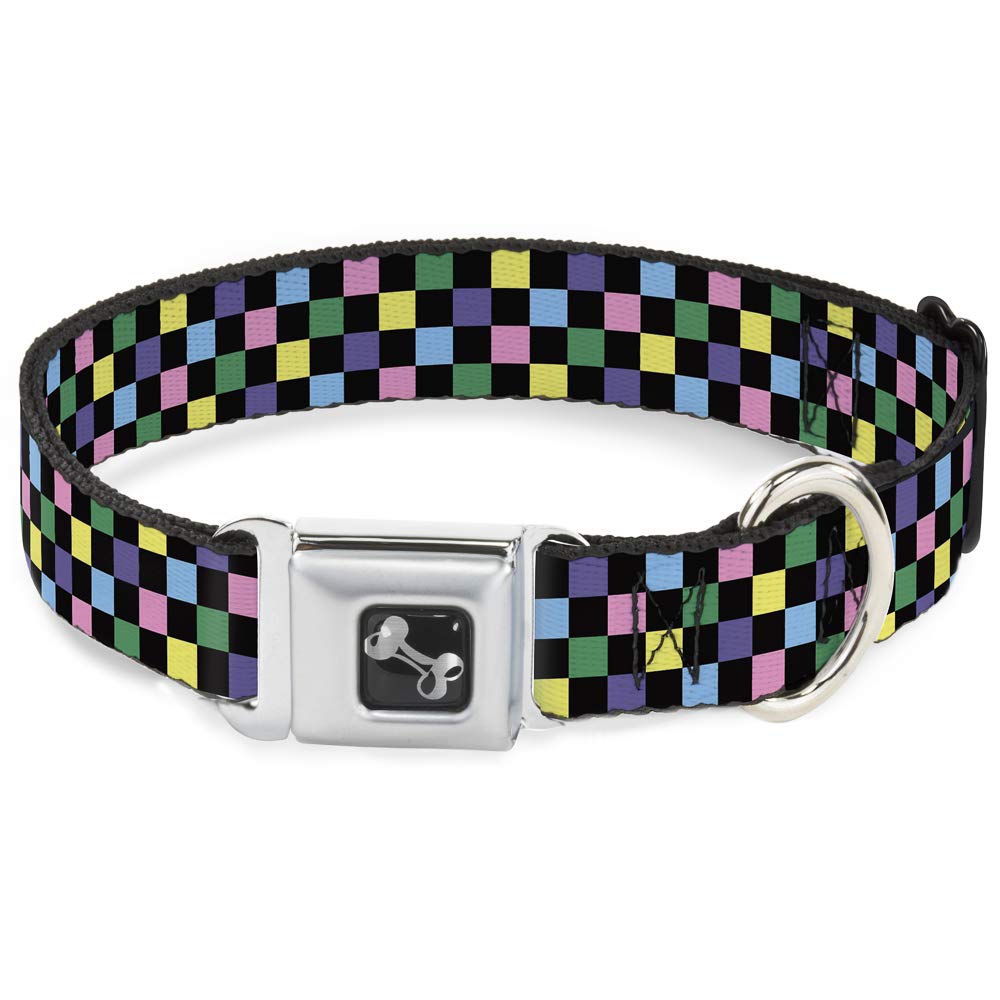 Buckle Down Seatbelt Buckle Dog Collar - Checker Black/Multi Pastel - 1.5" Wide - Fits 13-18" Neck - Small — image 1