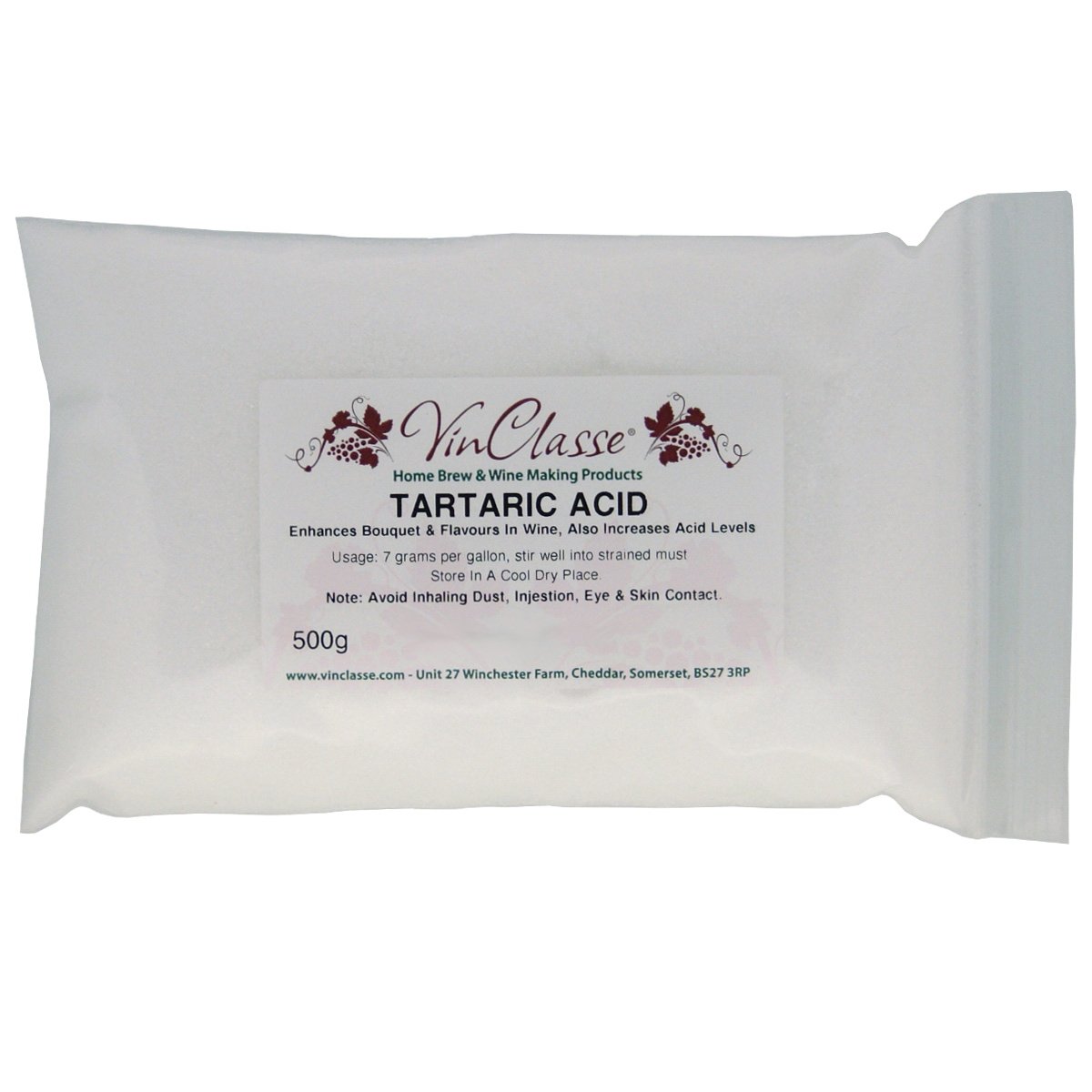 Tartaric Acid Food Grade - Winemaking Cider Homebrew Cordial - Vinclasse - 500g