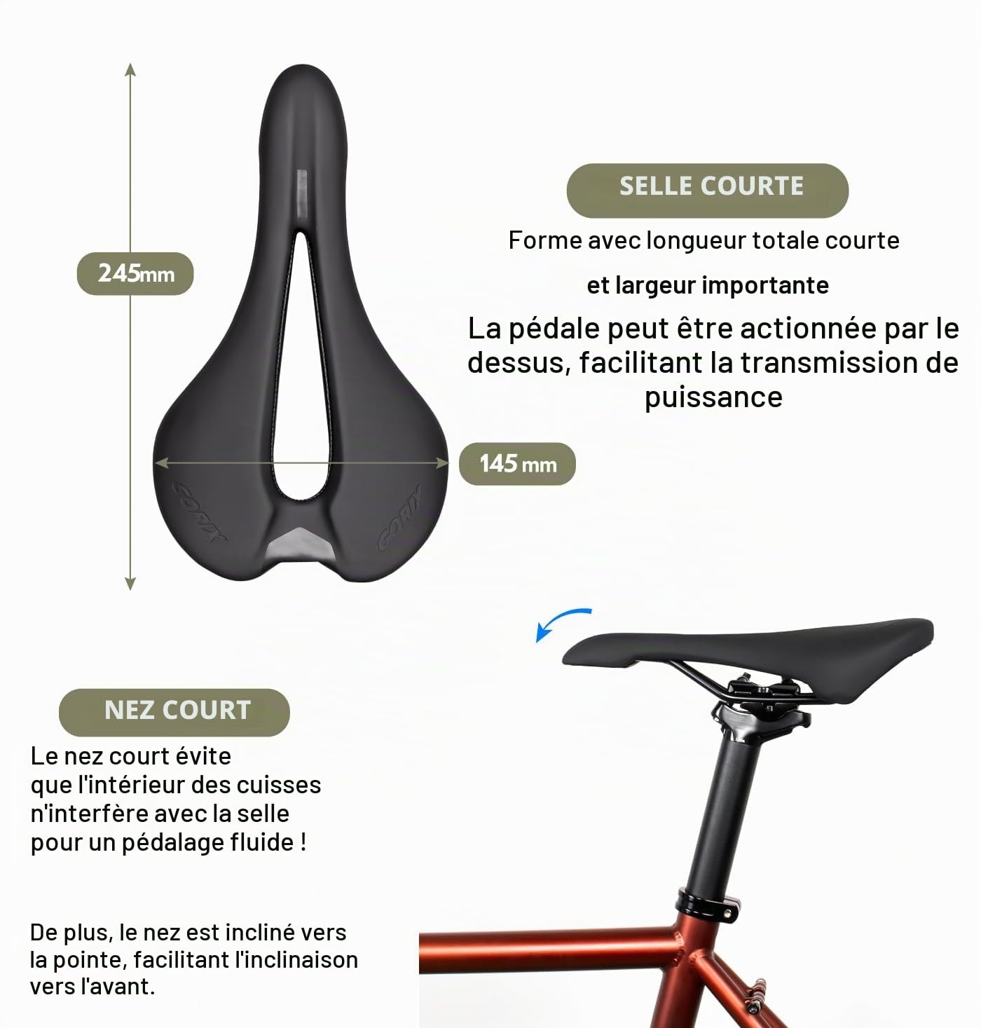 GORIX – Selle de vélo Courte, légère, Large, Coussin Confortable, pour VTT, vélo de Route (GX-SA345)