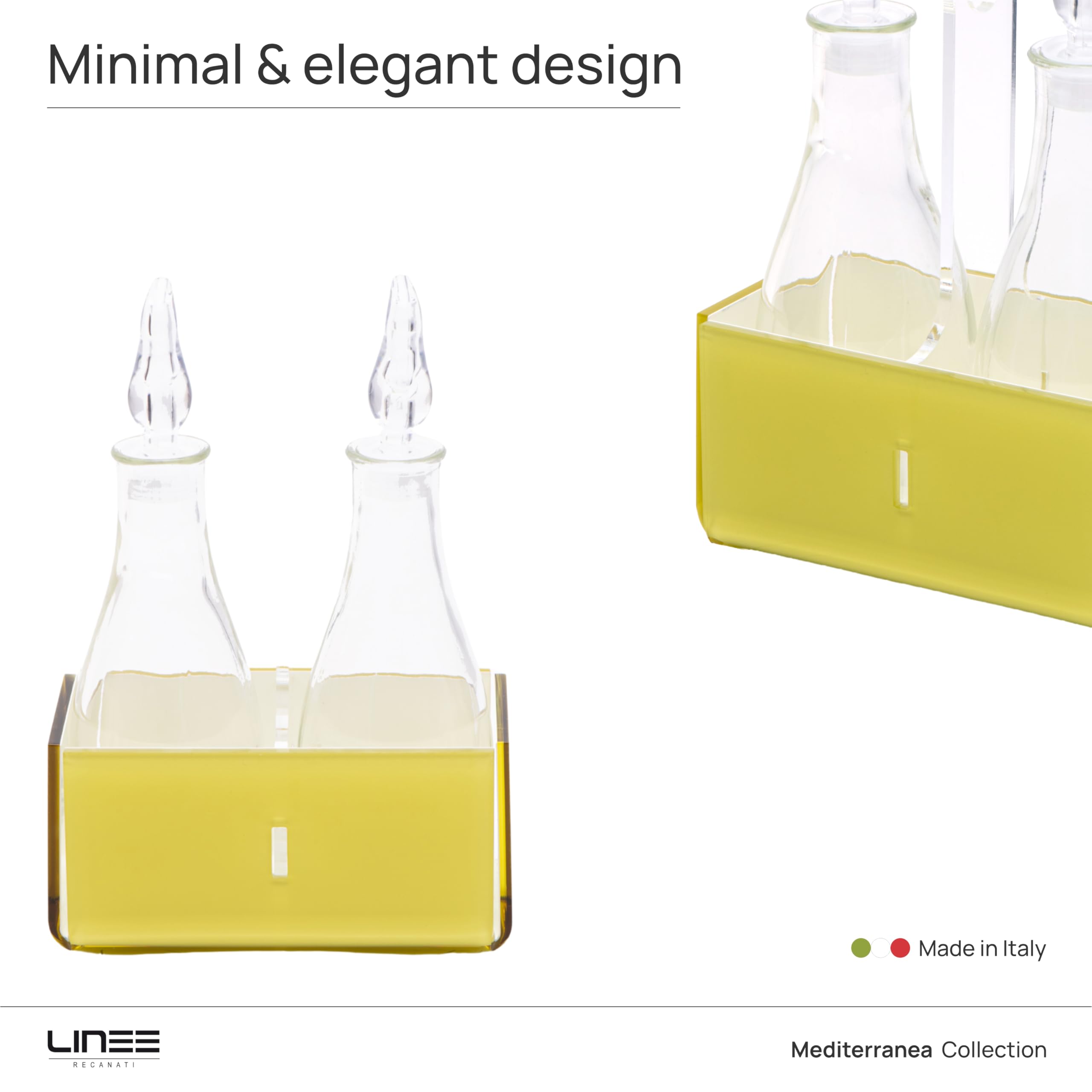LINEE Recanati MEDITERRANEA Porta Olio e Aceto – Set Condimento in PMMA e Vetro 18x10x23 cm – Eleganza Contemporanea per la Tavola – Made in Italy (Giallo Trasparente/Bianco)