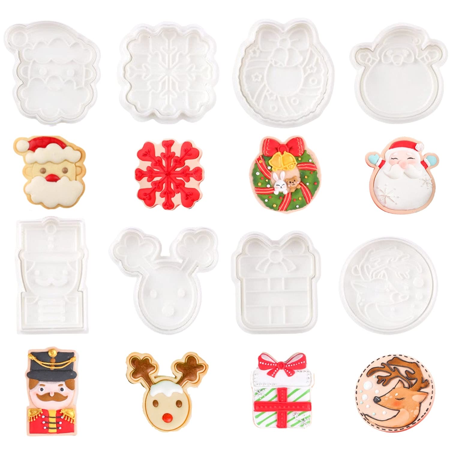 Crethink Christmas Cookie Cutter Set, 8pcs 3D Pressable Christmas Biscuit Cutters - Santa Head, Elk, Snowflake and Many More,Embossed Stamped Pastry Cutters