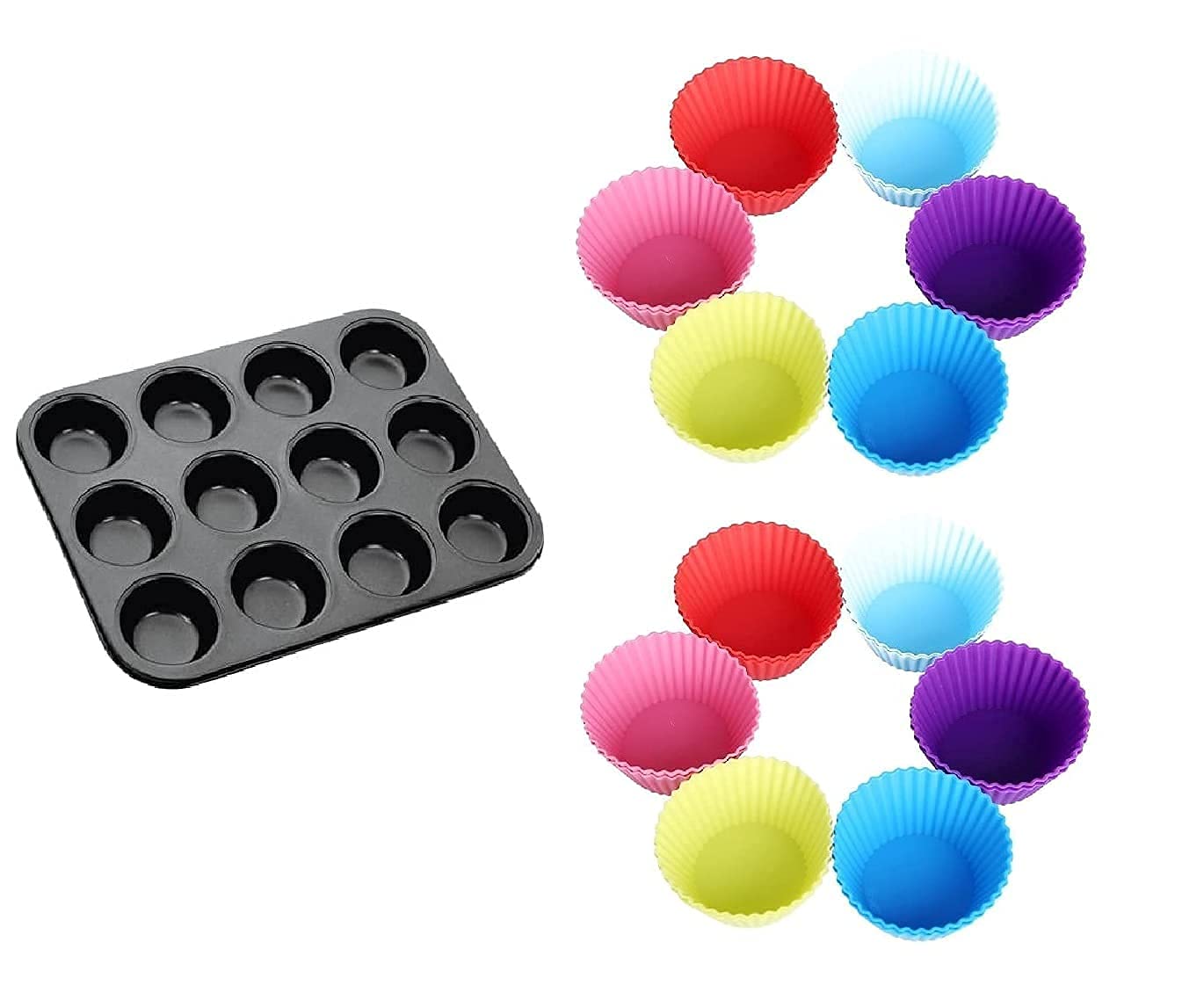 VIBGYOR Products Set of Combo of Silicone Baking Cup Set 6 Pieces and 12-Cup Muffin Pan for Oven | Pastry Tools Set | for Muffin or Cupcake | Non-Stick Cake Mold/Baking Tray/Tin/Pan - Multicolour