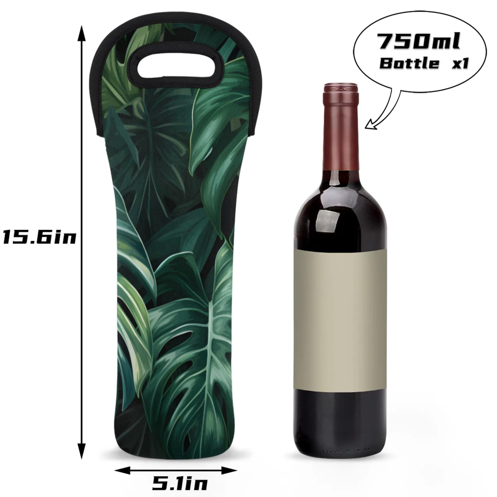 Neoprene Wine Tote Carrier Bag for Wine,Water, Champagne, Beer, Baby Bottles 15.6 x 5.1 Inches, Protective Wine Bag,Green Palm Leaf