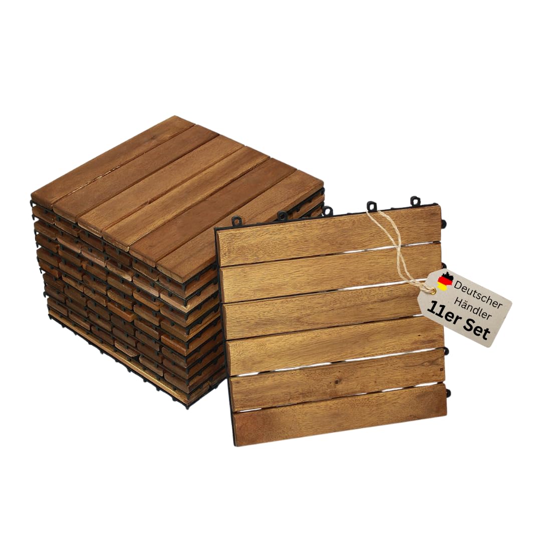 Akazienholz geölt Holzfliese 30x30 cm Bodenbelag mit Drainage Balkonfliesen 11 Stück für 1m²