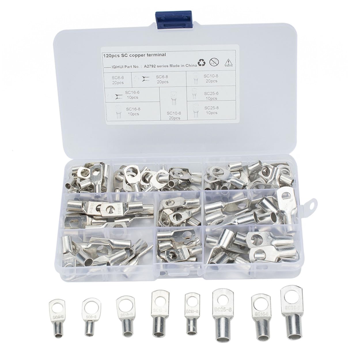 120 pezzi Kit 120 pezzi Terminali ad Anello in Rame Stagnato Morsetti Elettrici da Crimpare per Batterie e Cavi Connettori Tubo in Rame per Auto Barche e Impianti Domestici