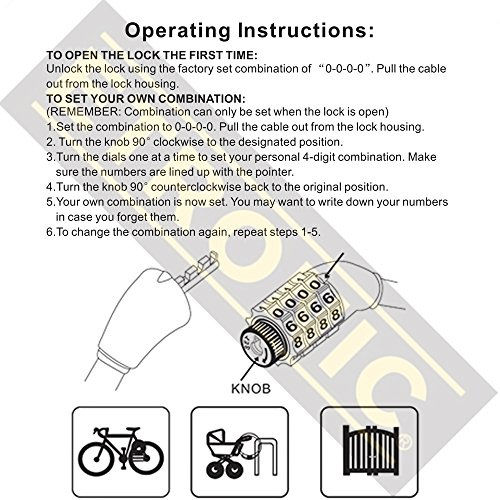 Etronic Bike Lock M6, Cable Lock 6 Feet Long Coiled Security Resettable Combo Combination Lock