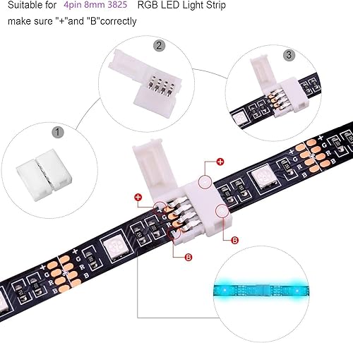 Miniatura 4 de BULIK Conectores de tira de luz LED sin soldadura RGB de 4 pines de 0.315 in, terminal adaptador sin huecos, incluye T cortable, forma L para
