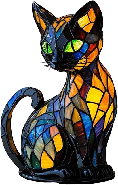 Retro Stained Glass Cat LED Table Lamp - Cute Pet Night Light