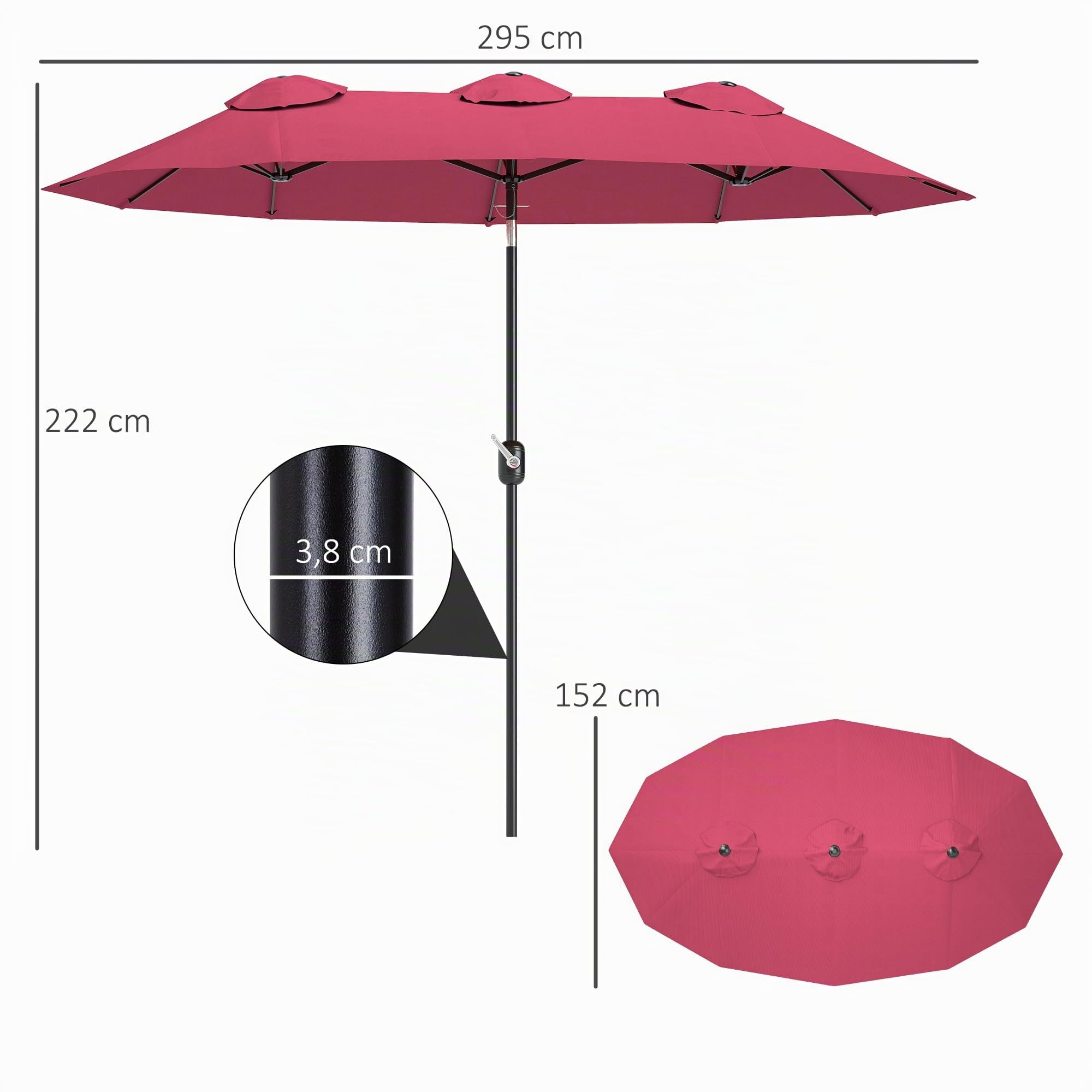 Outsunny Sombrilla Doble 2,95x1,52m Inclinación 45° Manivela Rojo Vino | Sombrilla Terraza Exterior, Manivela Manual, Ventilación, Impermeable, Parasol Jardín Piscina