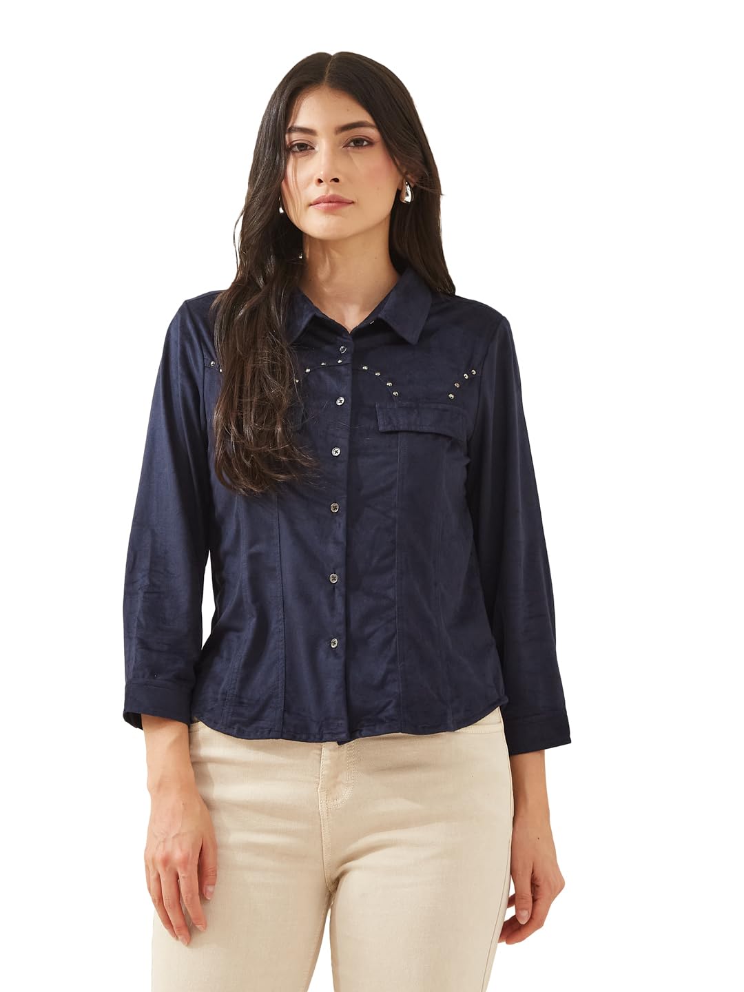 Latin Quarters Women Navy Blue Collared 3/4Th Sleeves Solid Casual Shirt-picture-14