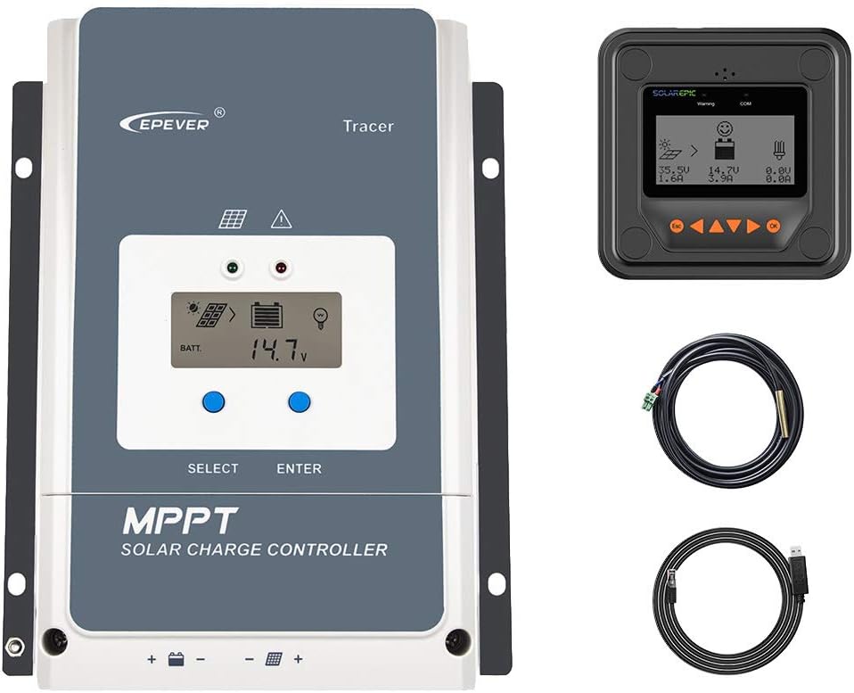 EPEVER MPPT Solar Charge Controller 50A Negative Ground 150V PV Solar Panel Charger with MT50 Remote Meter Temperature Sensor & PC Communication Cable