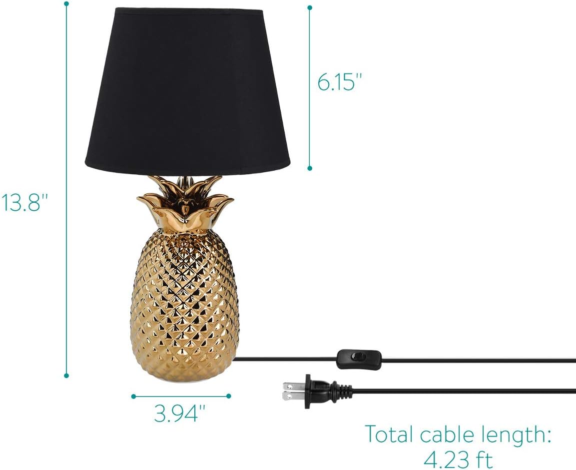 Navaris Gold Pineapple Table Lamp - Mini Lamp 13.8" Tall Light with Ceramic Base for Tables - with E12 Candelabra Bulb Socket - Small, Black Shade