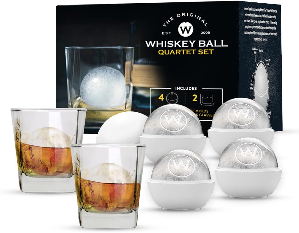 The Original Whiskey Ball, Whiskey Ice Ball Maker Mold, 4-Pack Premium Silicone Sphere Molds with 2 Rock Glasses – Seamless, Easy Release & No Leak Design for Superb Whiskey