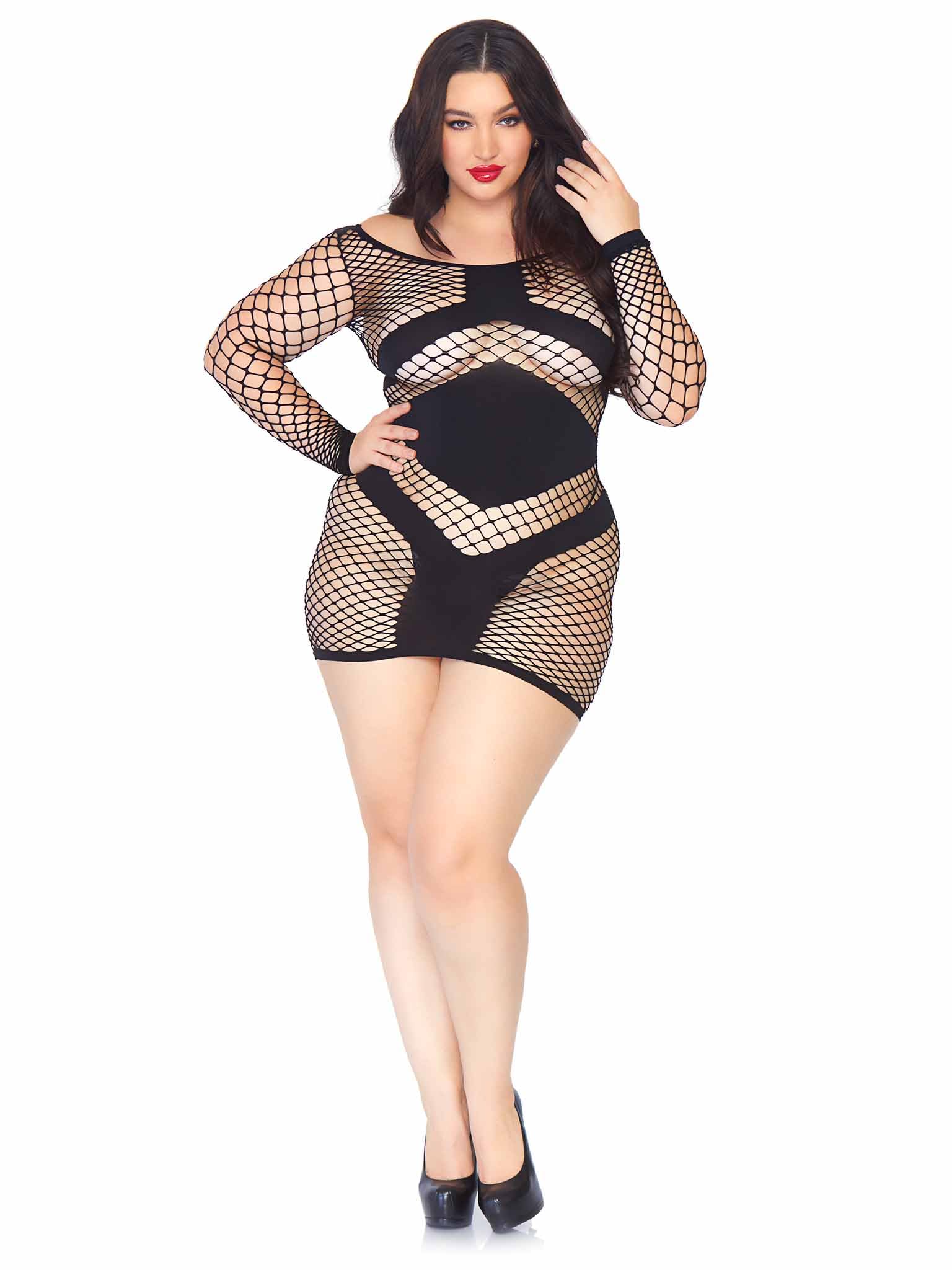 Leg Avenue Women's Plus Size Sexy Diamond Black Fishnet Mini Dress Lingerie