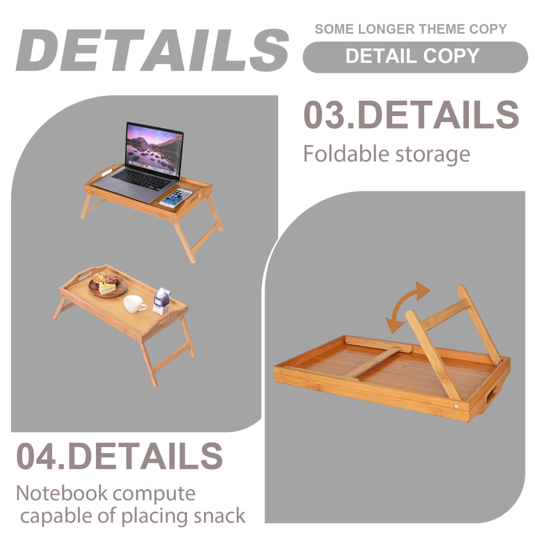 Tragbares Bambus-Bett-Tablett – 50 x 30 x 6,6 cm, faltbar, mit Griff, ideal zum Essen kleiner Laptops und mehr, vielseitiger Betttisch für Zuhause und Reisen