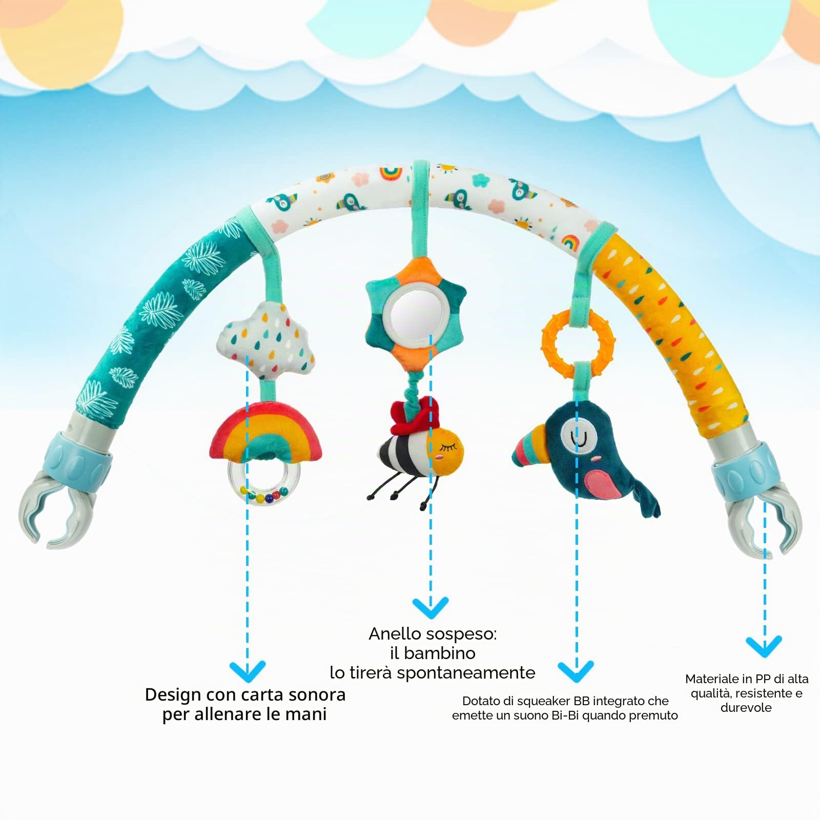 Aomig Giocattolo Passeggino Clip, Regolabile Giocattolo Carrello Bambino con Sonaglio, Giocattolo per Passeggino Rimovibile, attività Appendere Giocattoli, Arco Giochi Educativi