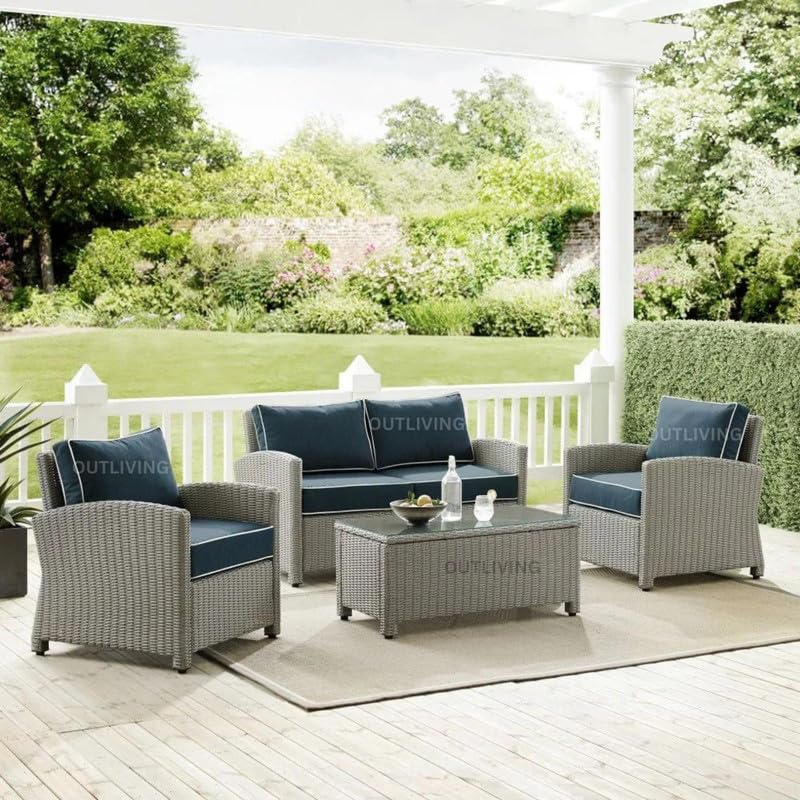 Image of OUTLIVING Rattan and Wicker Indoor Outdoor 4 Seater Sofa Set | 2+1+1 Patio Furniture Set with Cushion and Center Table | Comfortable Sofa Set for Garden Balcony Hall Living Room (Grey and Navy Blue)