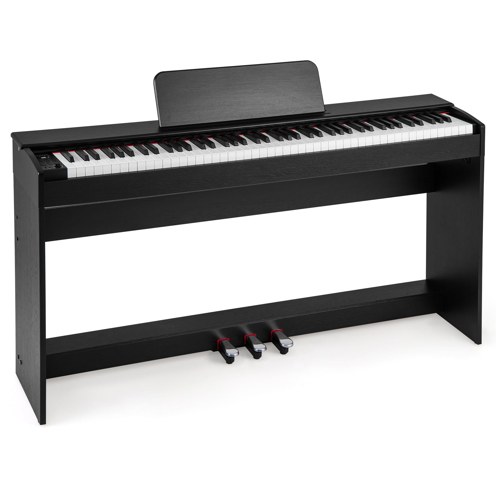 COSTWAY Piano Digital Vertical de 88 Teclas Contrapesadas, Piano Eléctrico Compacto con Soporte, Grabar y Reproducir, Pedales Triples, Doble Altavoz y Conectores para Auriculares, MIDI