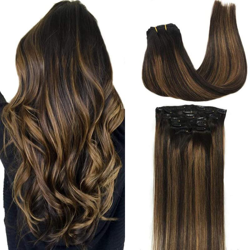 Image of GOO GOO Clip in Hair Extensions Real Human Hair, Remy Human Hair Extensions Clip ins for Women, Natural Human Hair, 26inch 135g 7Pcs, 1B /6 /1B Balayage Natural Black to Chestnut Brown