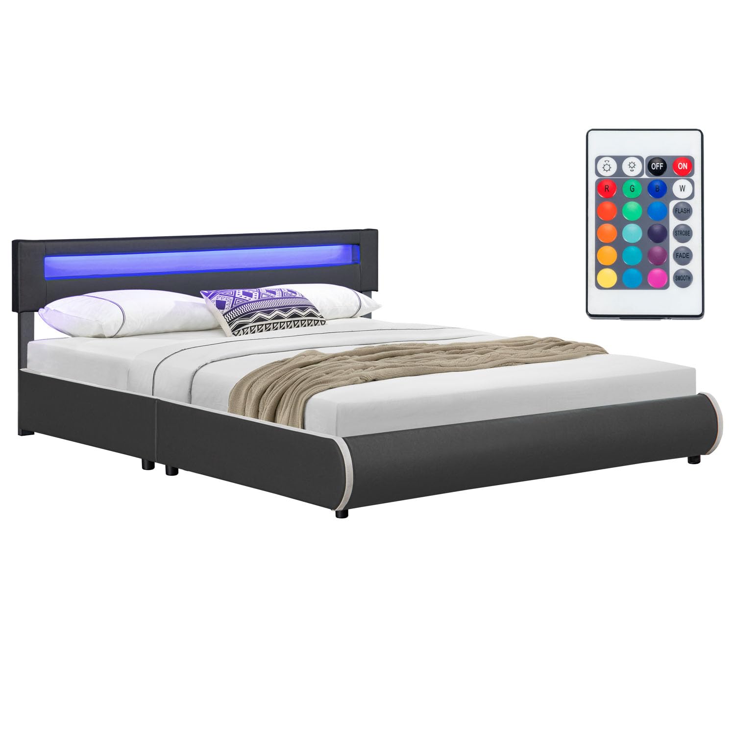 Juskys Polsterbett Sevilla 180x200 cm mit LED Beleuchtung, Lattenrost & Kopfteil – Grau