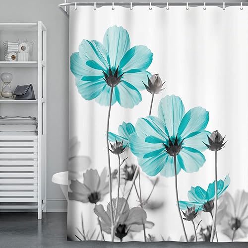 MERCHR Cortina de ducha floral única para decoración de baño, diseño de margaritas verde azulado y gris, elegante diseño de flores silvestres con