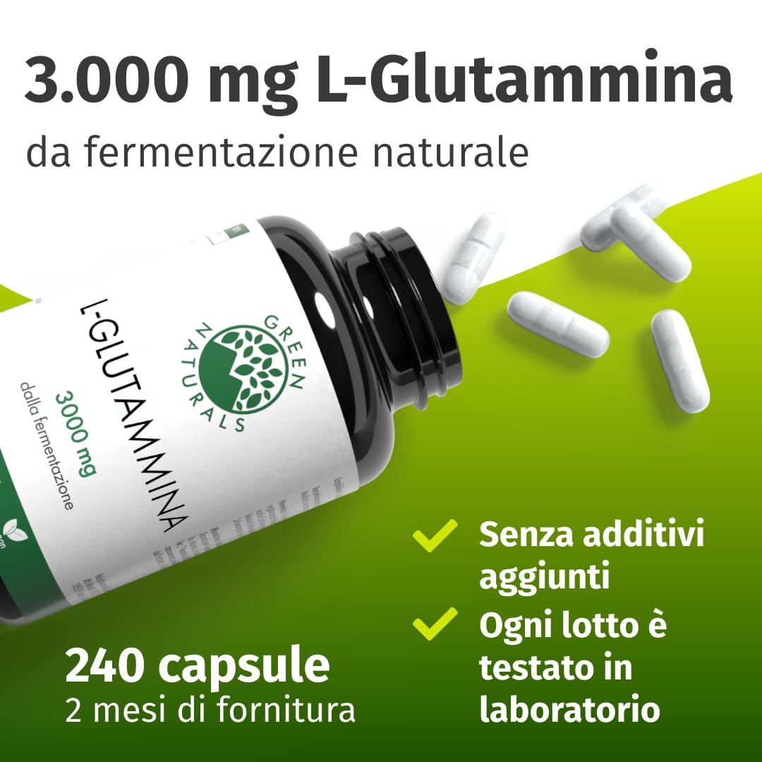 Green Naturals® L-Glutammina – Alto dosaggio 3.000 mg per dose giornaliera – Aminoacido puro in forma libera da fermentazione naturale – 100% vegana & senza additivi – 240 capsule (60 giorni)