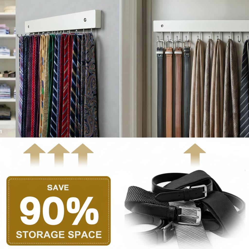 2Pack Wall-Mounted Tie & Belt Rack Organizer, Wooden with 28 Rotating Hooks
