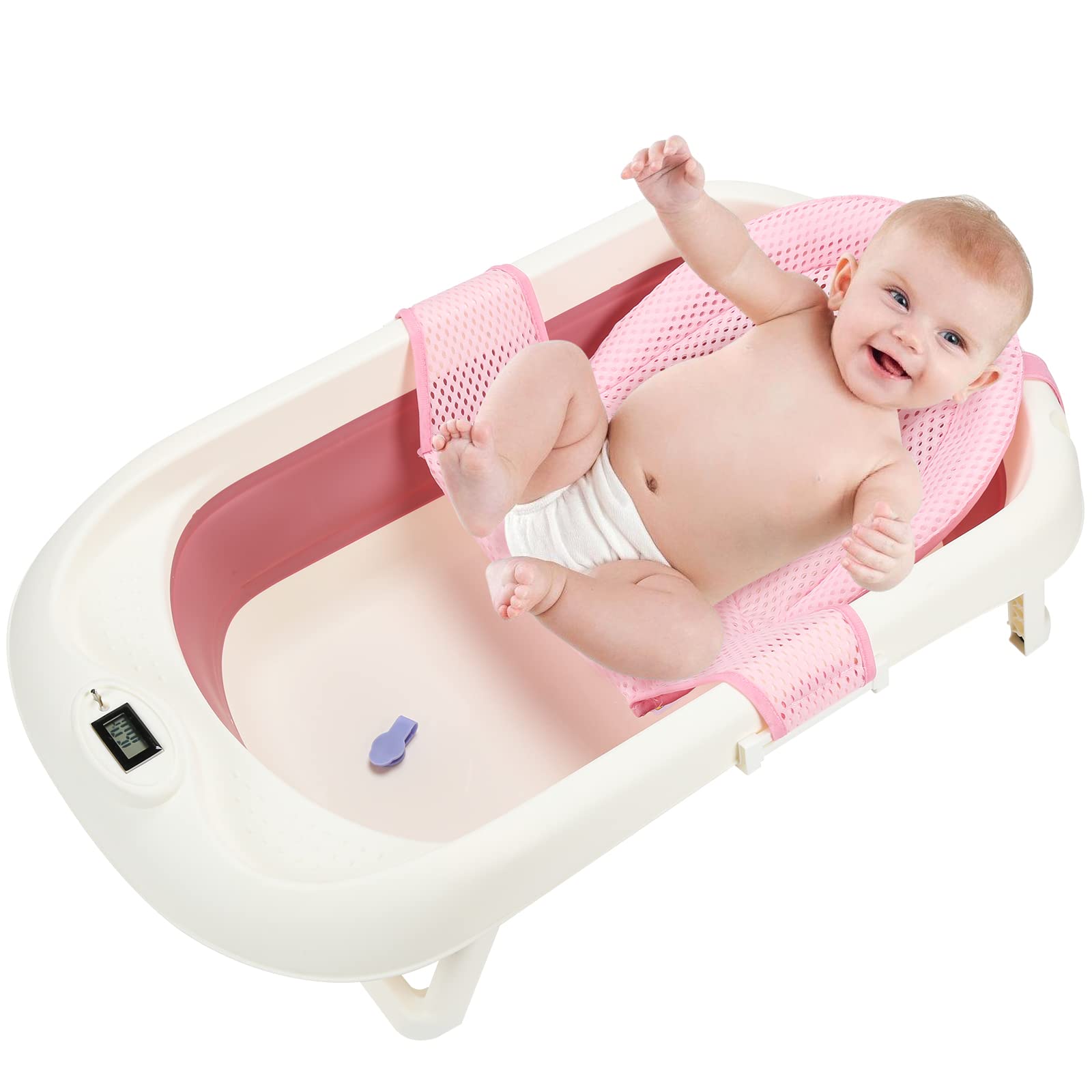 Vaschetta Bagnetto, Pieghevole Vasca da Bagn per Bambini, Portatile Vaschetta Baby Bagno con Indicatore di Temperatura, 3-in-1 Bagnetto Neonato, Vaschetta per Bagnetto per 0-6 Anni,Rosa