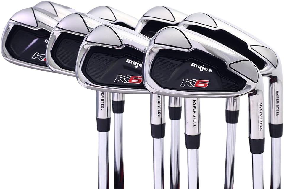 Majek K6 Iron Set +2 inch Over XL Big & Tall Men's 8-Piece Set (4-PW, SW) Right Handed Steel Shaft Regular Flex R Flex Club (Tall 6'3"+/+2" Over) with Midsize Black Pro Velvet Grip