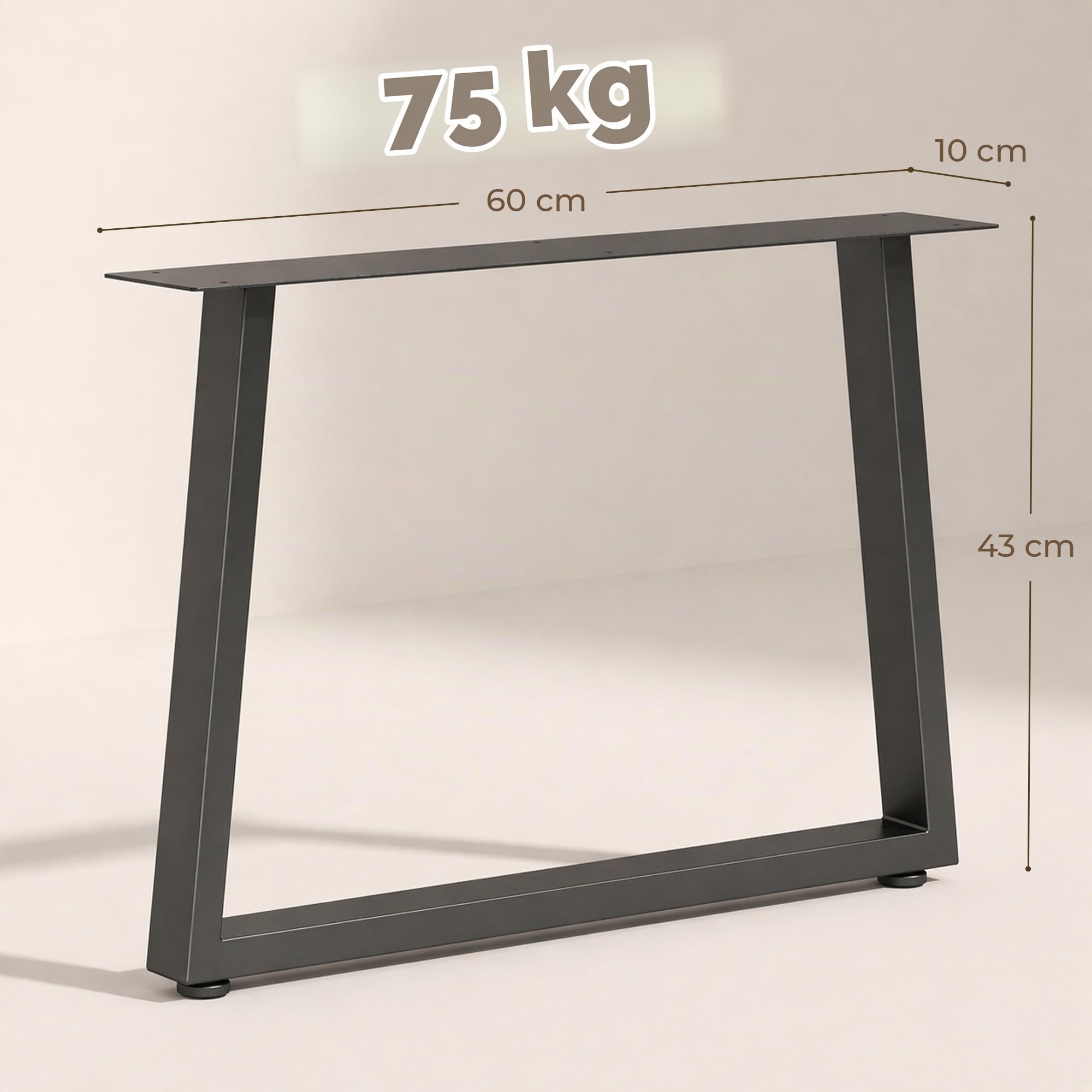 HOMCOM Set 2 Gambe per Tavolo Trapezoidali in Acciaio 60x10x43 cm Nero | Gambe per Mobili, 12 Fori, 12 Viti, 4 Piedini Regolabili, Stile Industriale, Capacità 75 kg, per Panca, Tavolino