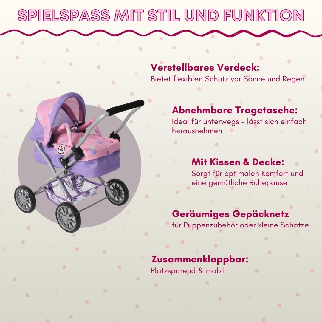 Bayer Chic 2000® Wózek dla lalek Smarty – serduszko fioletowe – składany – z daszkiem, torbą, poduszką i kocem – wysokość uchwytu 56 cm – dla dzieci od 2 lat,