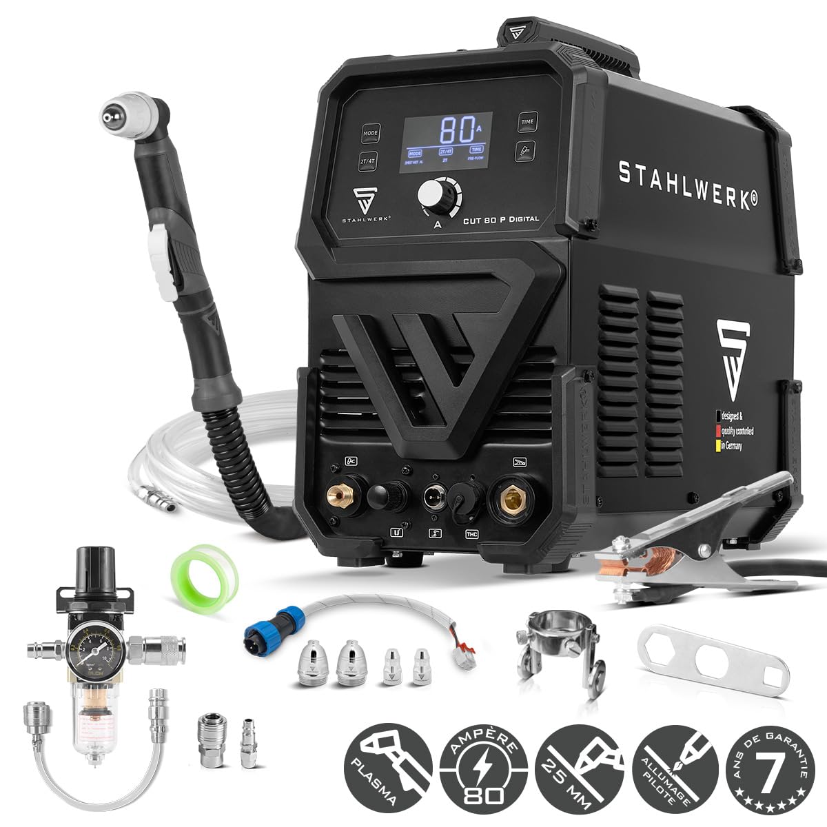 STAHLWERK Découpeur plasma CUT 80 P Digital – Découpeur plasma 80 A, capacité de coupe jusqu’à 25 mm, onduleur plasma avec amorçage pilote HF, interface THC pour contrôle de hauteur CNC