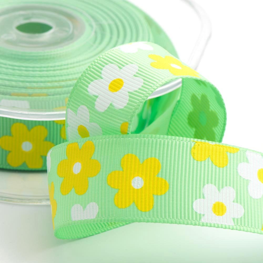 Italian Options Green Daisy Floral Grosgrain Ribbon - 25Mm X 10 Metres