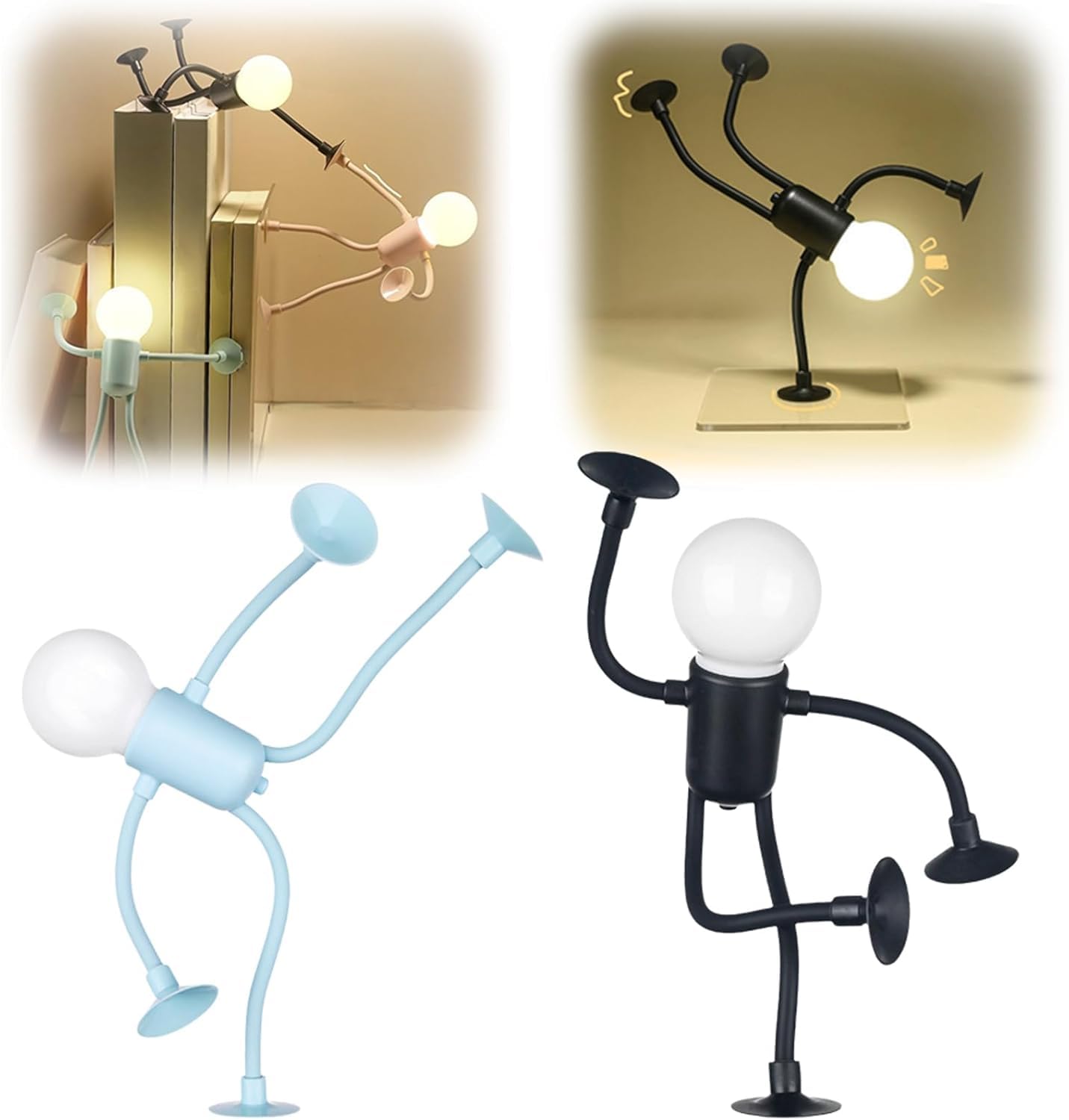 2025 Fun Night Light with Suction Cup,Changeable Shape Funny Sportsman,Cute Light Bulb Man minis Night Light,Bendable Desk Lamp Ornaments for Home (Black+Blue)