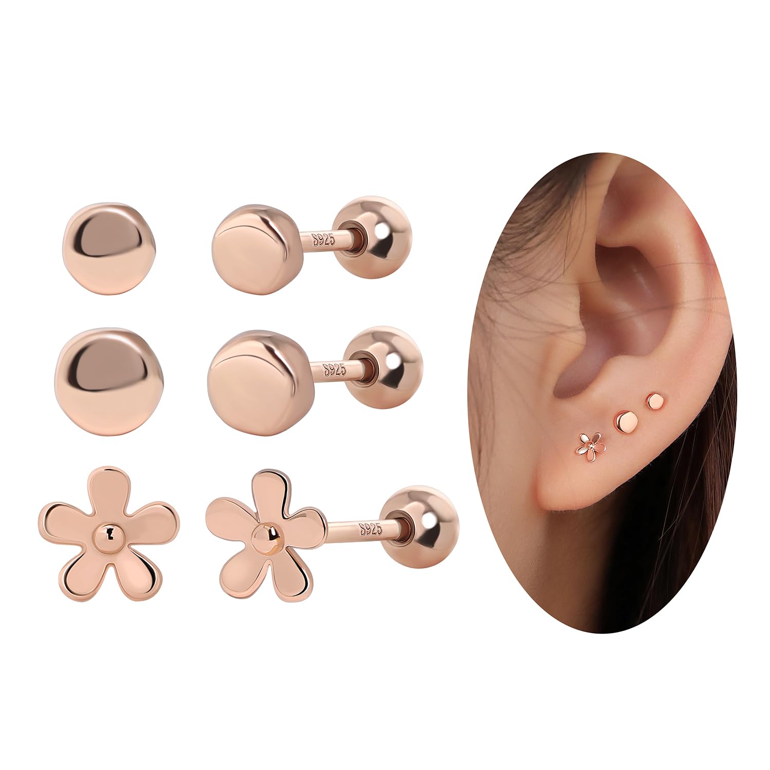 Ball Screw Back Earrings 925 Sterling Silver Studs Safety Ball Back Sleep-On Stud Earrings for Men Women Unisex Hypoallergenic