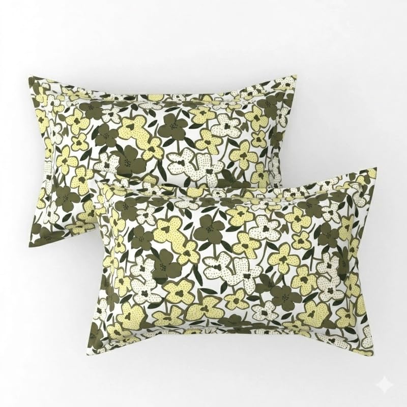 Image of Cotton Bolls Textiles Glace Cotton Fitted Bedsheet 72x72x6 Inch with 2 Pillow Covers - Soft Breathable Fabric, Elastic All Around, Printed Bedding for Double Bed