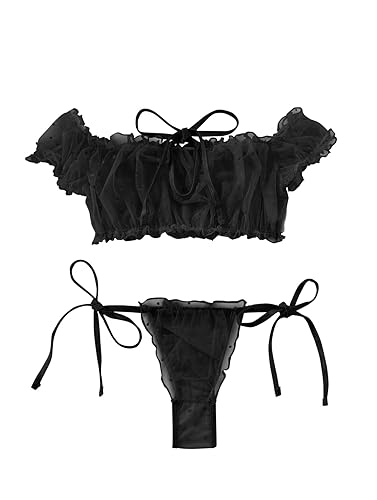 Lilosy Sexy Stretch Ruffle Tie Sheer Mesh Lingerie Set Outfits - Medium - Polka Dot Black