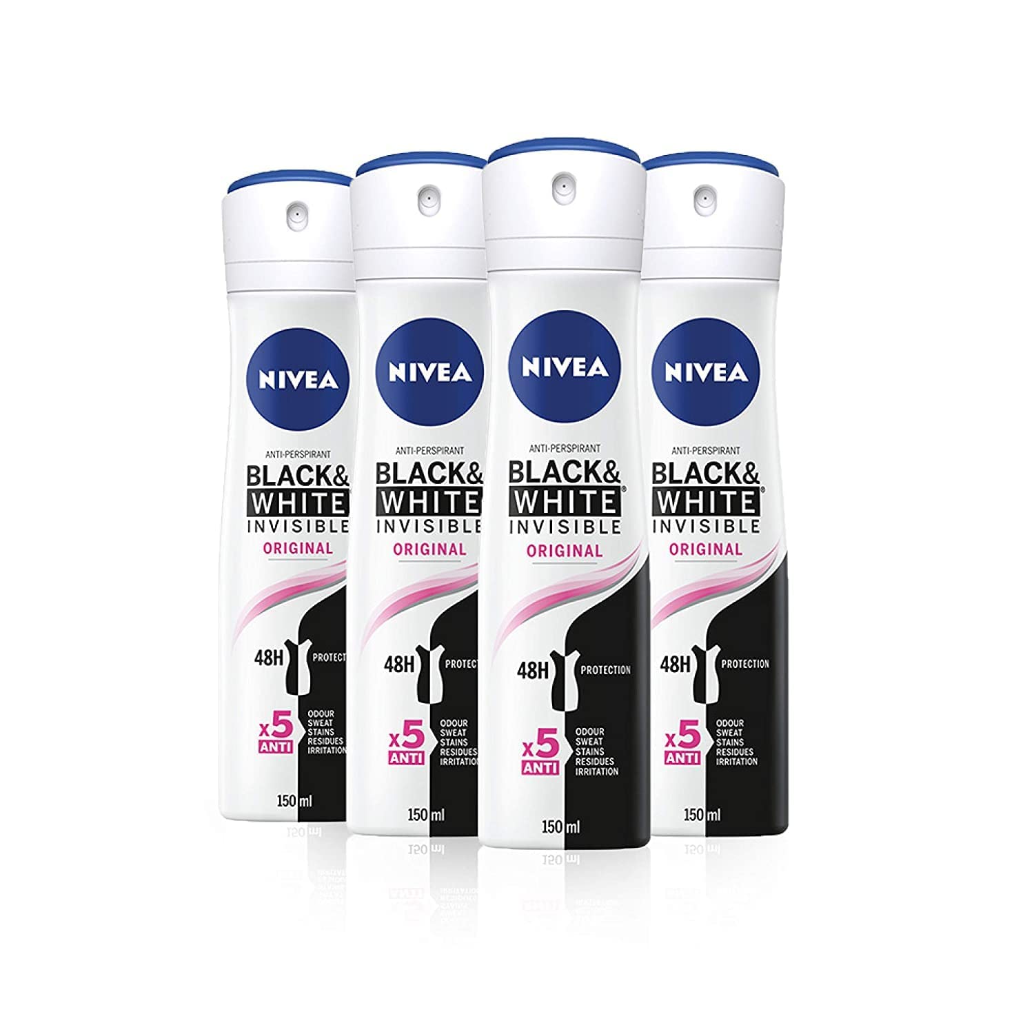 NIVEABlack & White Invisible Original Anti-Perspirant Deodorant Spray Pack of 4 (4 x 150ml), 48hr Deodorant for Women, Anti-Stain Womens Anti-Perspirant Spray