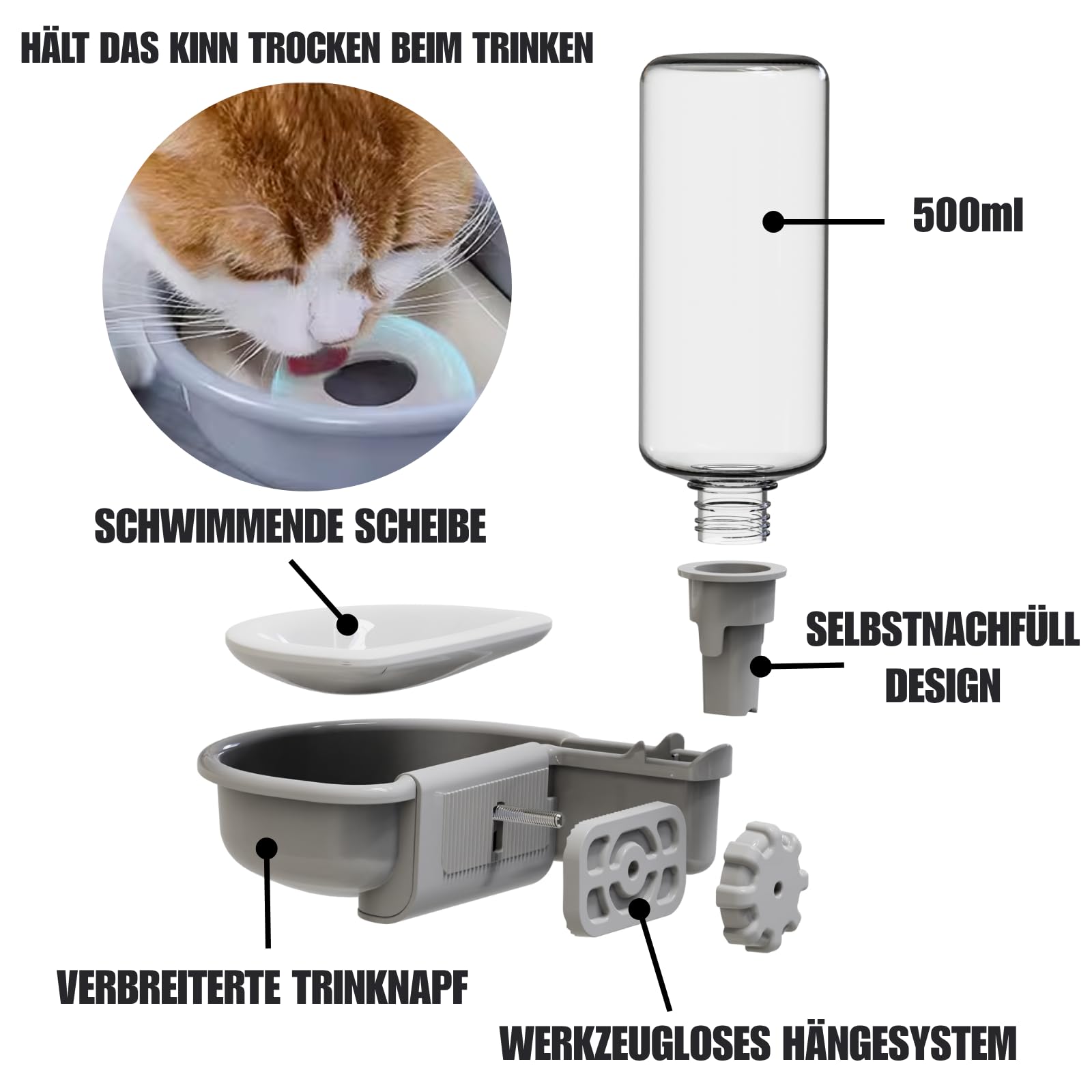Wasserspender Hund für Käfig, 480ml trinkflasche Hunde Automatischer und Anti-Überlauf, Haustier Trinkbrunnen für Hunde Katzen und Kaninchen (Grau)