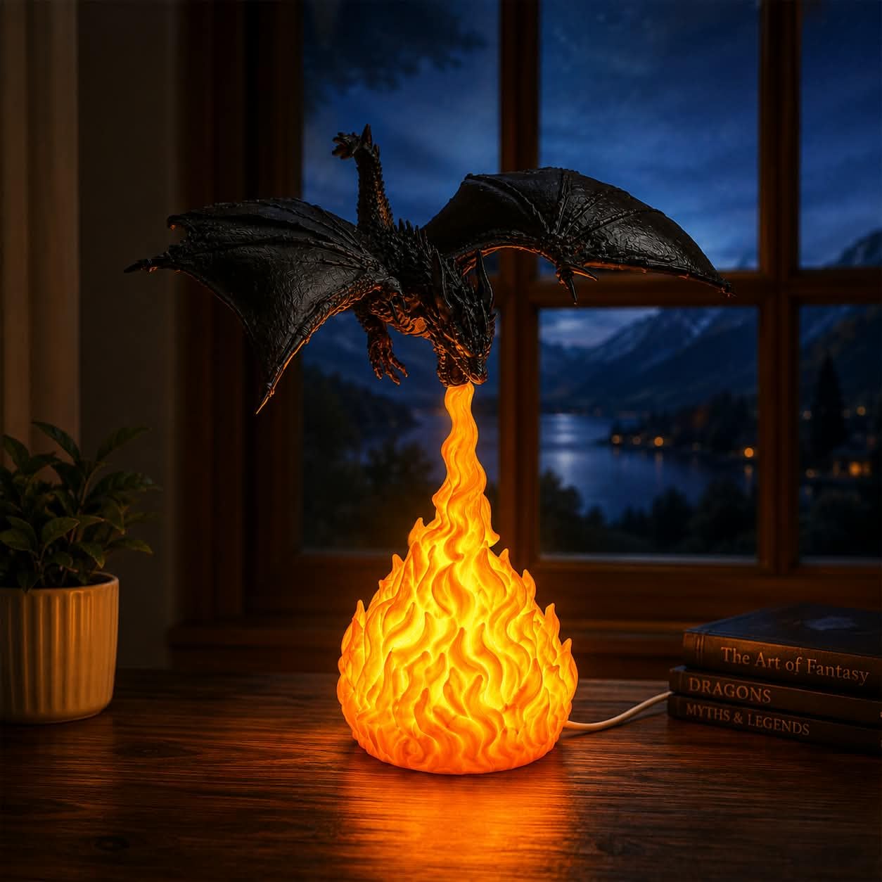 dragon flame lamp figurine with warm led light, usb powered | realistic flame effect, detailed dragon design, usb powered, flicker-free soft light, portable & lightweight