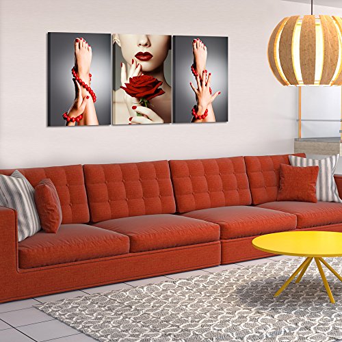 Image of KREATIVE ARTS 3 Piece Canvas Print Beauty Fashion Woman Portrait with Red Rose Flower Red Lips and Nails Wall Art Luxury Makeup and Manicure Poster Framed Art Work for Spa Salon