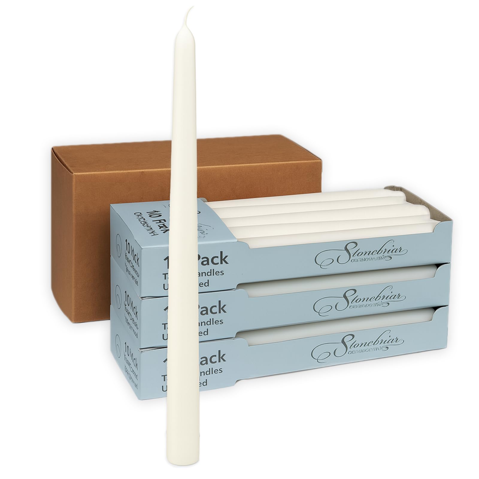 Stonebriar Unscented Taper Candles — 7 Hour Burn Time, Candle Stick Candles for Weddings, Holidays, Home Décor &amp; Special Events, Pack of 30, White, 10"