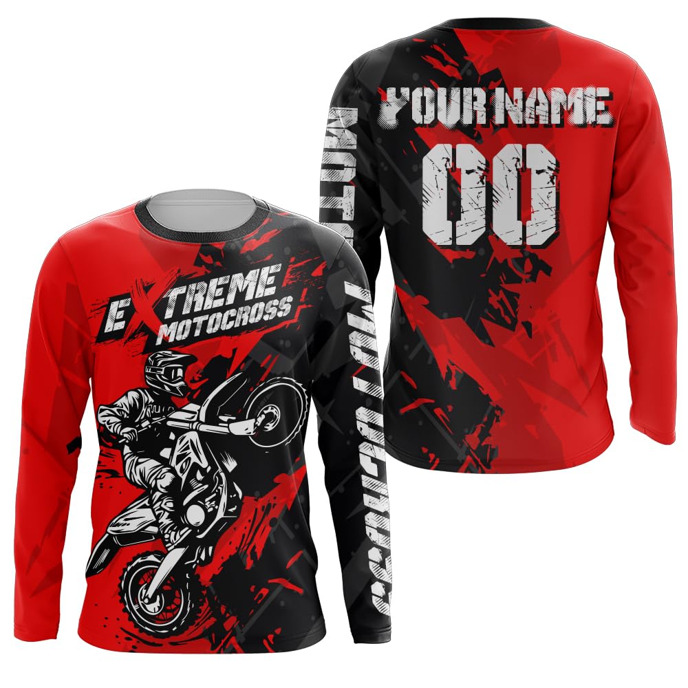 Kid&Adult Red Motocross Jersey UPF30+ Youth Dirt Bike Shirt MX Racing Jersey Kid Men Women Long Sleeves Boys Girls XM43 (05)