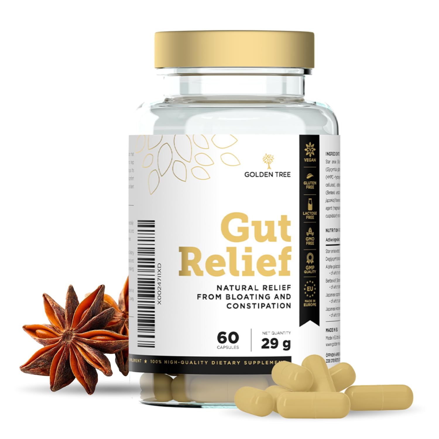 Golden Tree Gut Relief – Kräuterergänzung, 60 Kapseln | Sternanis, Süßholzwurzel, Enzymmischung, Quercetin & Trans-Resveratrol