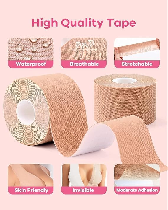 Image of Arano Boob Tape Kit (5cm Wide) for Breast Lift - Breathable Adhesive Sticky Bra Tape with 10 Nipple Covers | Invisible Push Up Support for Backless, Strapless & Deep Neck Dresses | Skin Tone Beige