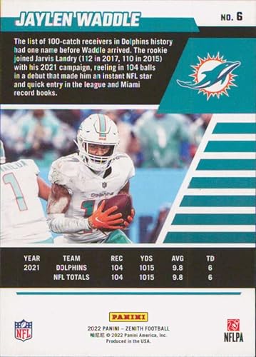 Miniatura 2 de 2022 Panini Zenith Retail #6 Jaylen Waddle Miami Dolphins Football Card - GotBaseballCards