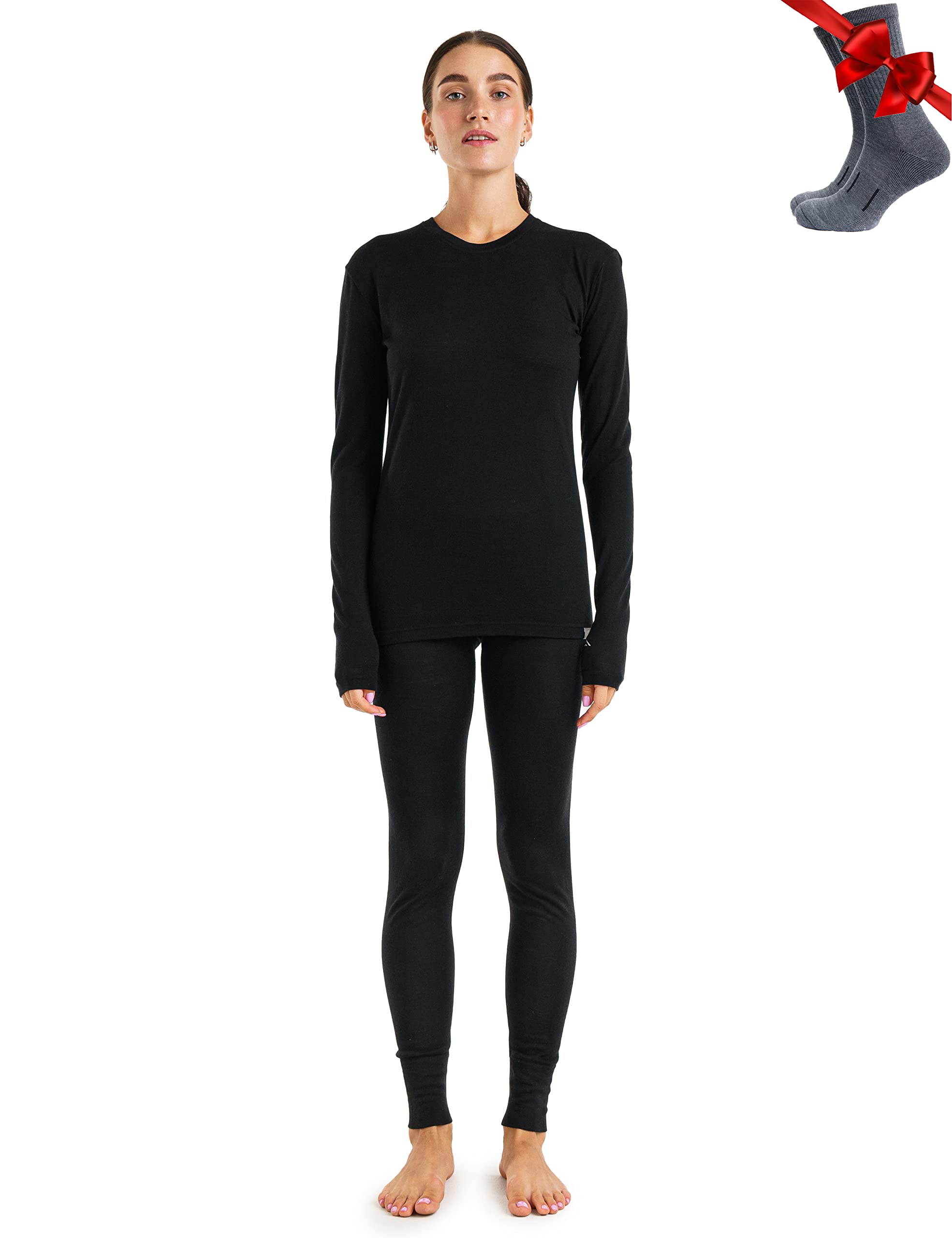 Merino.techMerino Wool Base Layer Womens Set - Midweight Merino Wool Thermal Underwear for Women Top & Bottom + Wool Socks