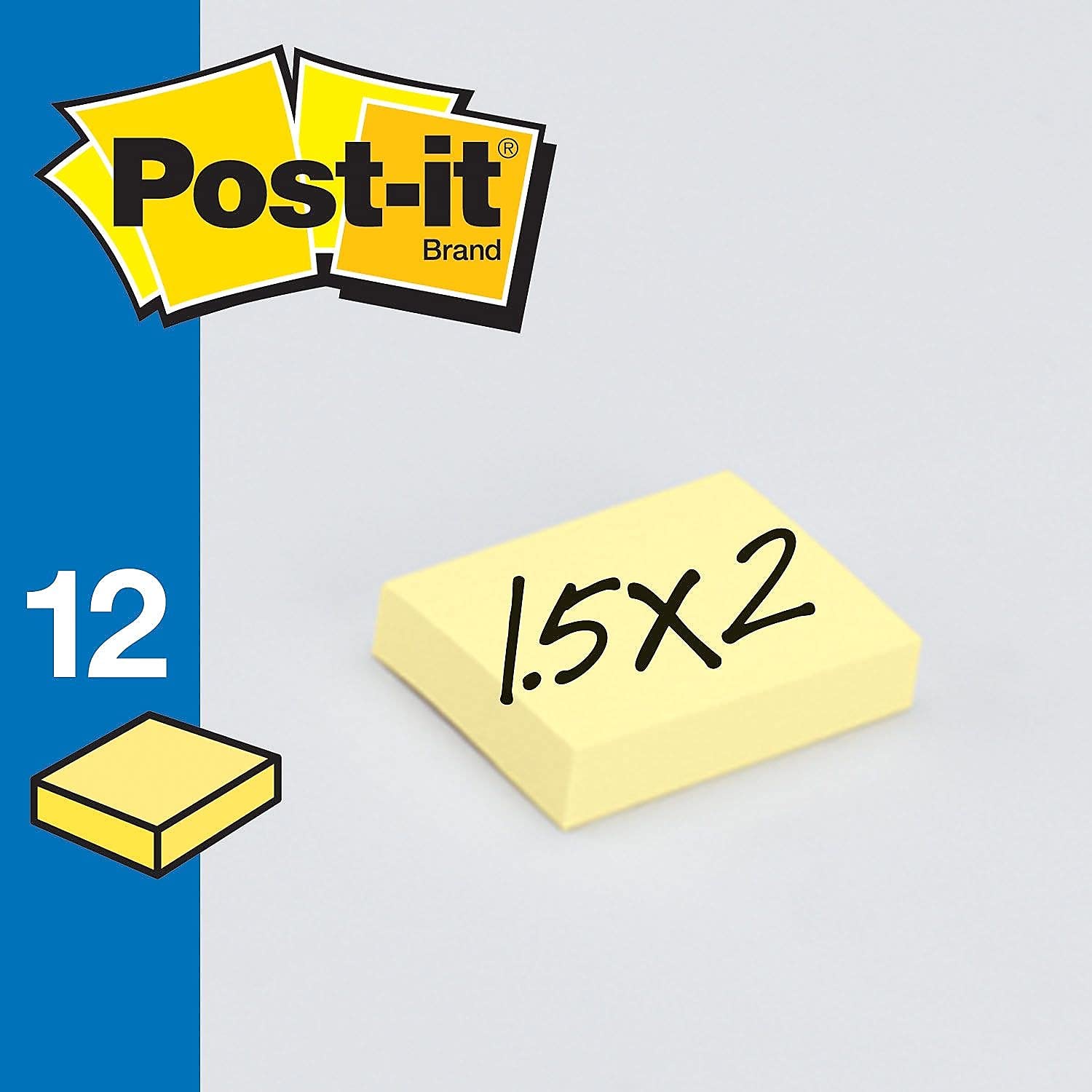 3M 653Yw Post-It Note Pads, 1-1/2 X 2, Canary Yellow, 100 Shts/Pad, 12/Pack