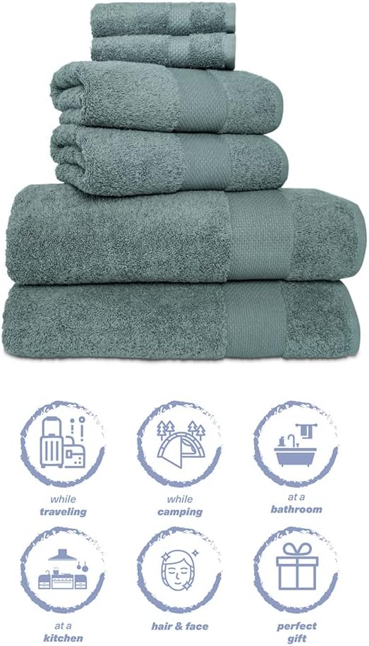 Hencely 6-Piece Bath Towel Set - High Absorbency, Quick Drying - 100% Soft Turkish Cotton - 2 Bath Towels, 2 Hand Towels, 2 Washcloths - for Bathroom, Home, Hotel, Spa, and Gym - 6-Pack Dark Green
